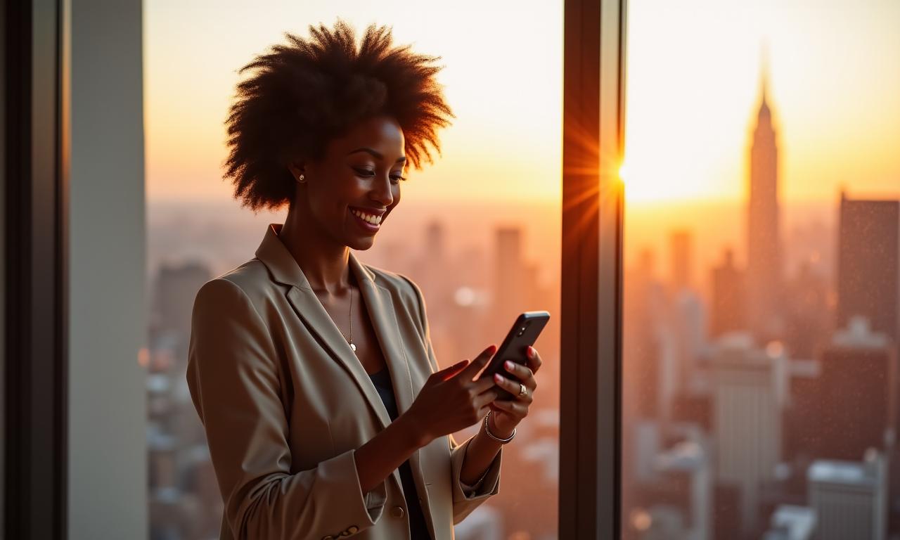 Smiling woman using luxury banking mobile app
